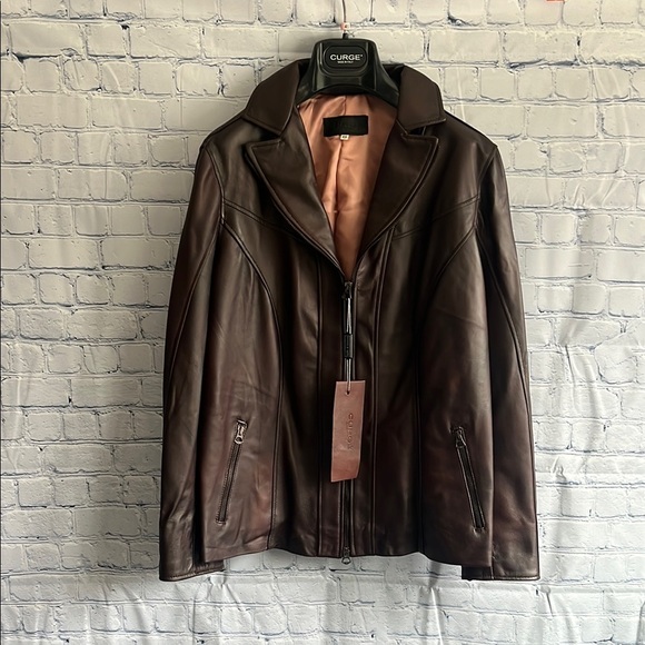 Italian Brown Leather Zip Up Jacket Made by CURGÈ Woman size Large or EU 46 NWT - Picture 1 of 9